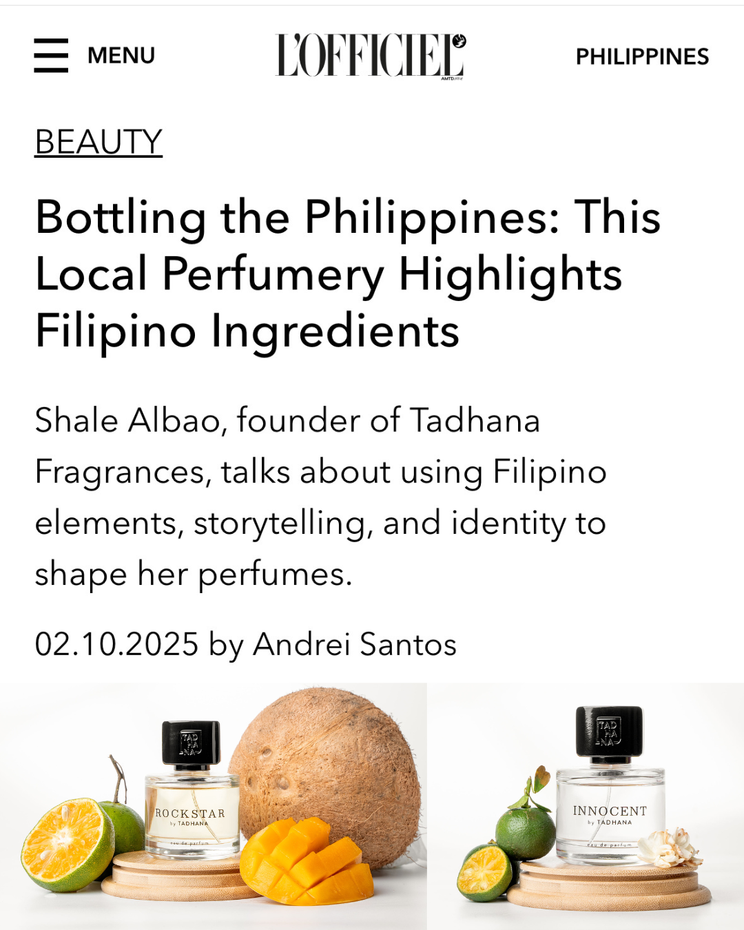 L'Officiel talks about TADHANA's Founder and Perfumer Shale Albao and her perfumery journey